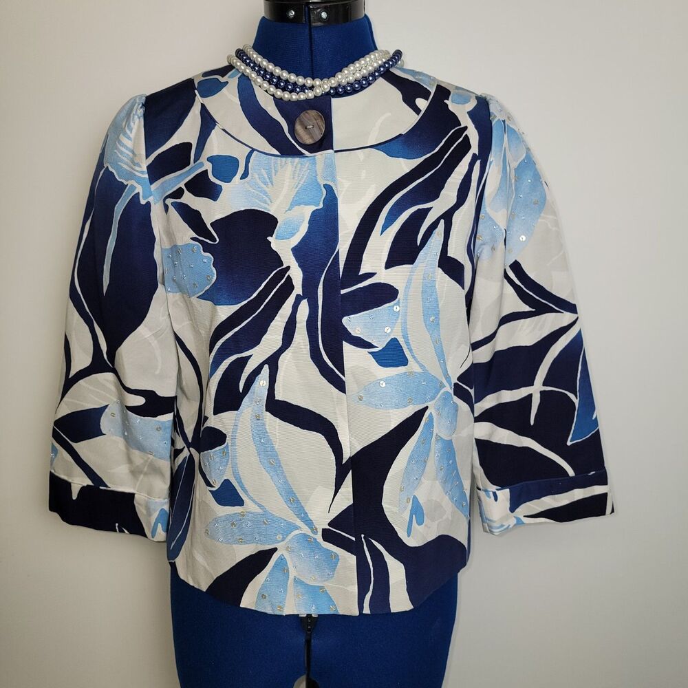 NWT Chicos Womens Ink White/Blue Beaded Sequins Ice Garden Fannie Jacket Sz 0